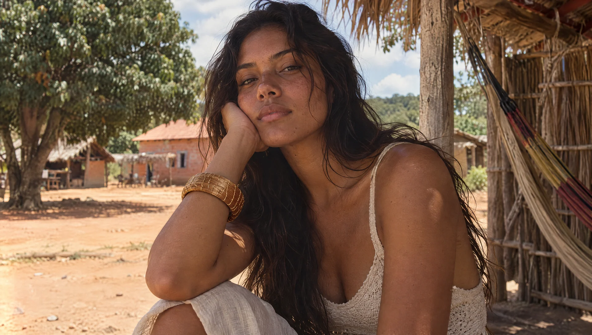Editorial portrait in a shaded courtyard