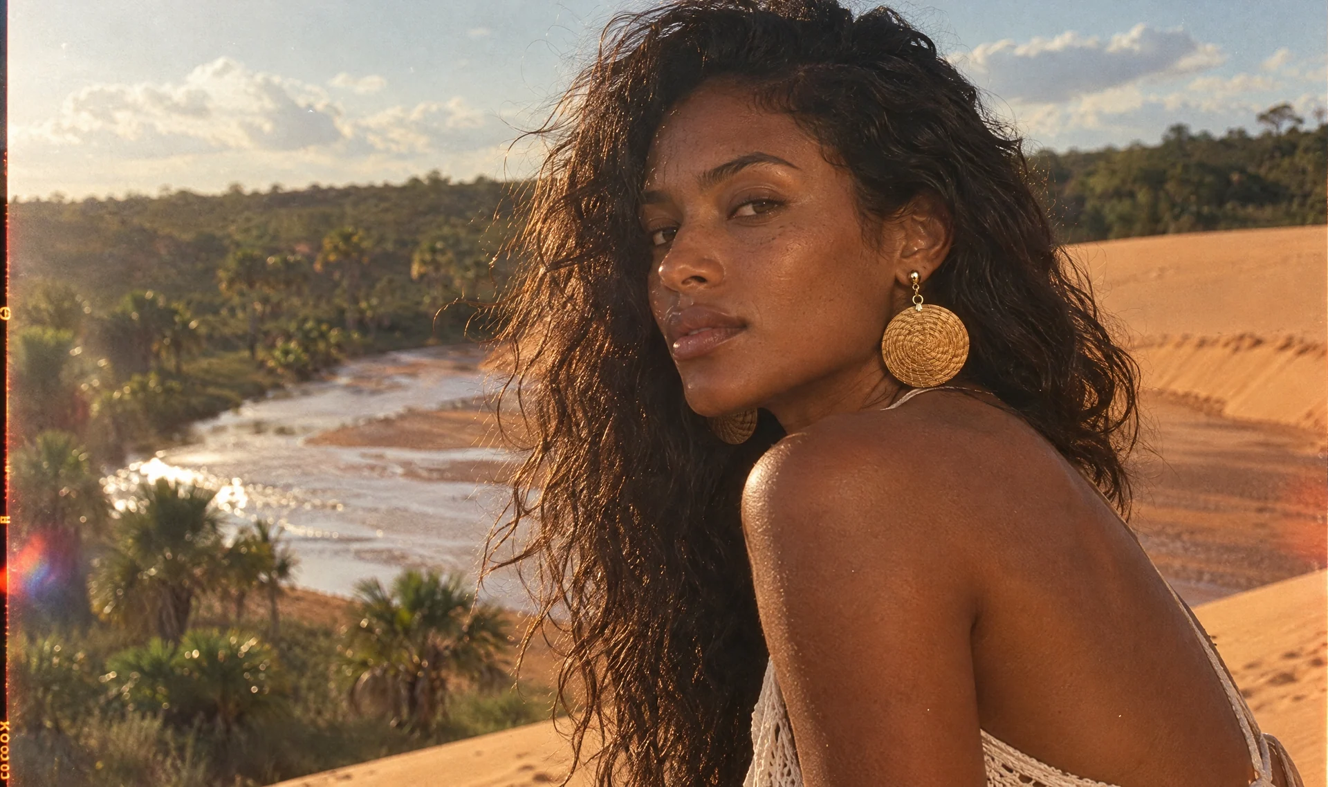 Round woven earrings in an outdoor editorial portrait